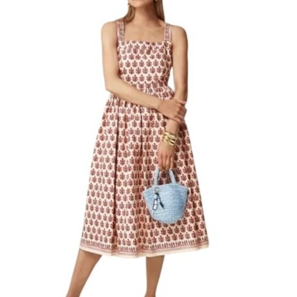 J. Crew Cream and Rust Printed Midi Dress
